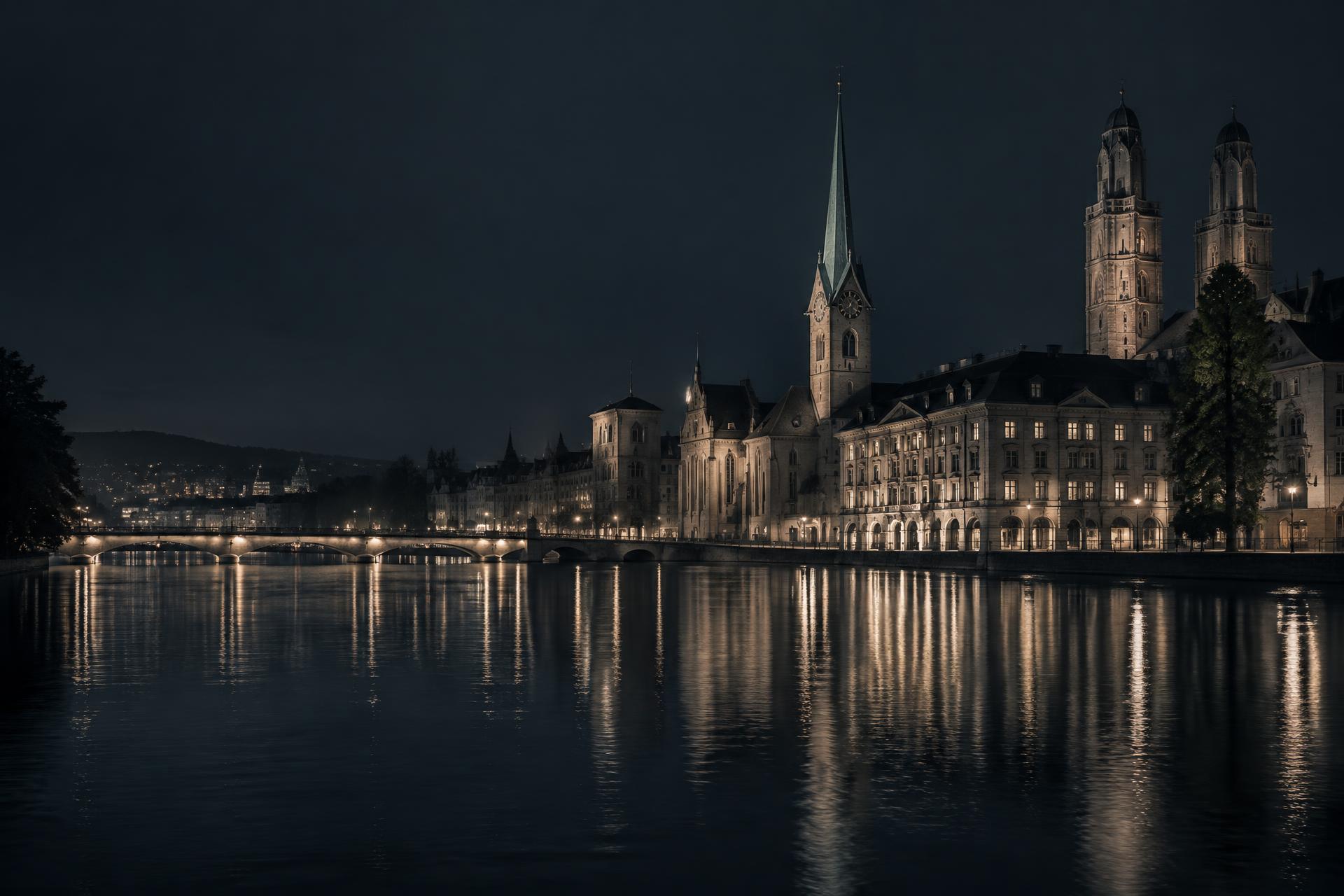 Zürich skyline and the Limmat river at night